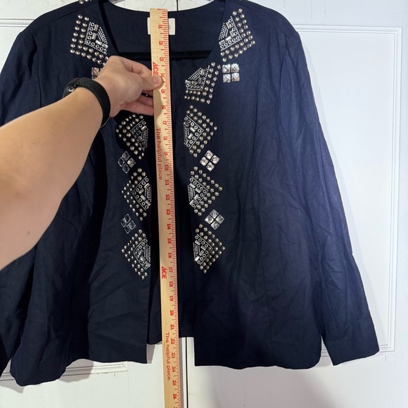 Chico's Embellished Blazer Navy Blue Open Front Linen Blend Size 3 / Large Jewel - Picture 4 of 10